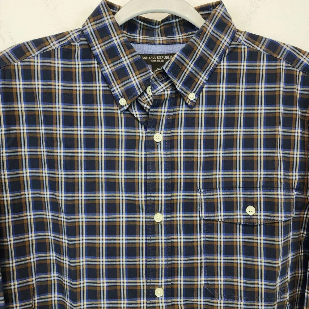Banana Republic Mens Soft Wash Plaid Button Down Shirt Size L Blue Brown Preppy
